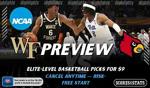 Wake Forest Demon Deacons vs Louisville Cardinals picks and predictions preview graphic for February 7, 2026, featuring both team logos, a “Preview” stats label, and Wake Forest basketball action in the background.