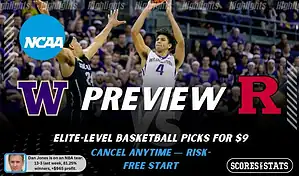 NCAAB preview graphic for Washington Huskies vs Rutgers Scarlet Knights with both team logos, a matchup-themed background image, and the ScoresandStats logo.