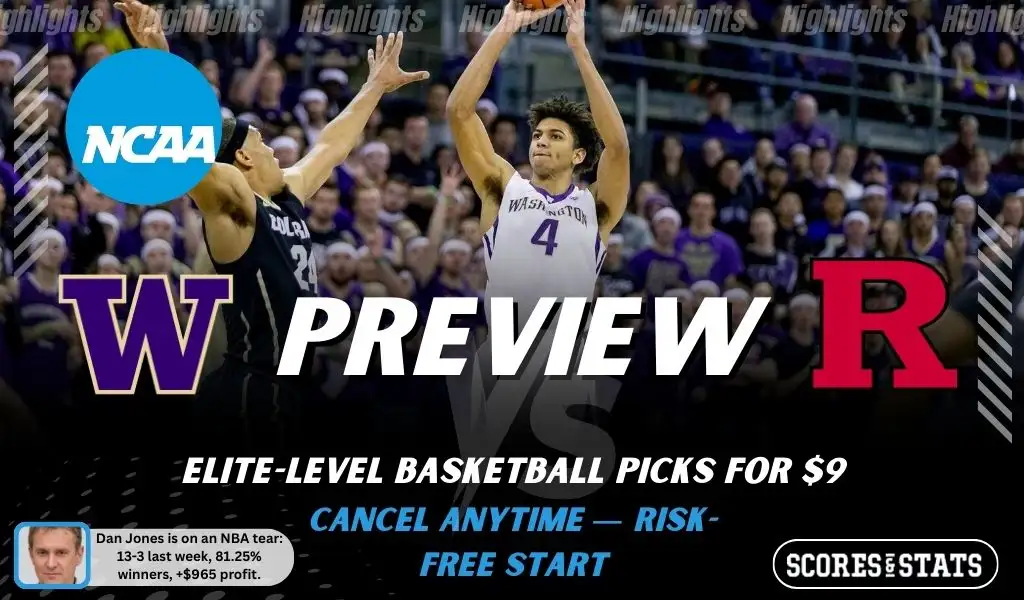 NCAAB preview graphic for Washington Huskies vs Rutgers Scarlet Knights with both team logos, a matchup-themed background image, and the ScoresandStats logo.