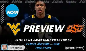 NCAAB preview graphic for West Virginia Mountaineers vs Oklahoma State Cowboys with both team logos, a matchup-themed background image, and the ScoresandStats logo.