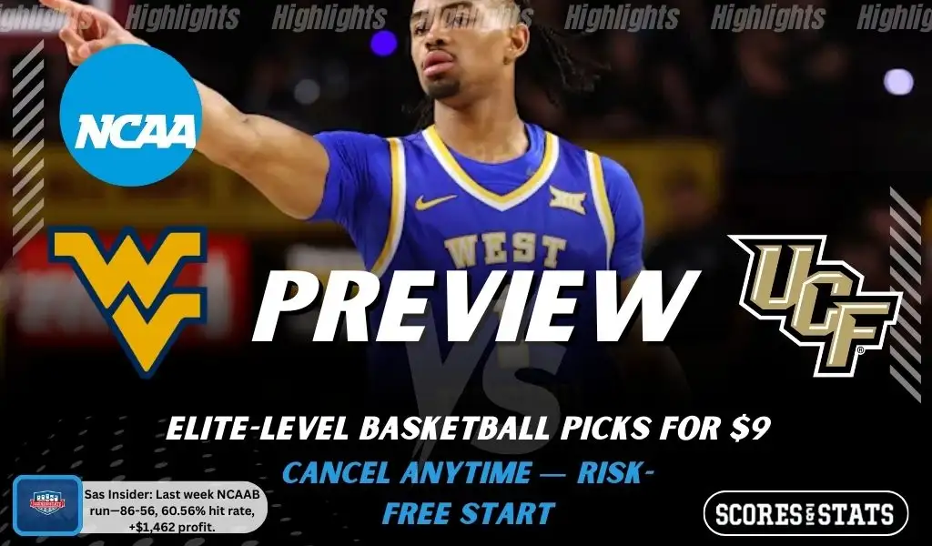 West Virginia Mountaineers vs UCF Knights game preview image with both team logos, ScoresAndStats “Preview” branding, and West Virginia basketball action background.