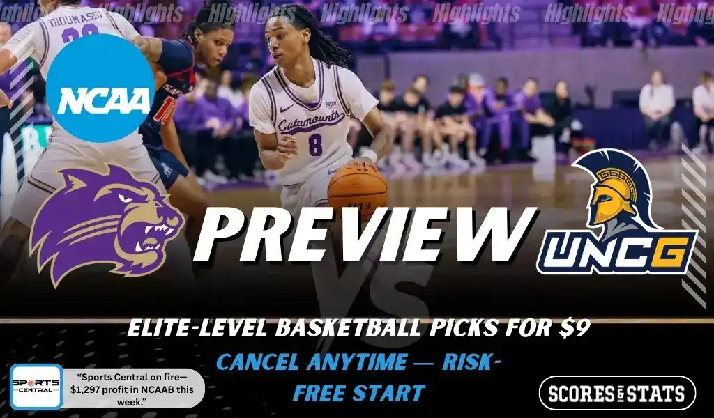 Western Carolina Catamounts vs UNCG Spartans preview graphic with both team logos, “Picks and Predictions” label, and Western Carolina basketball action background (February 4, 2026).