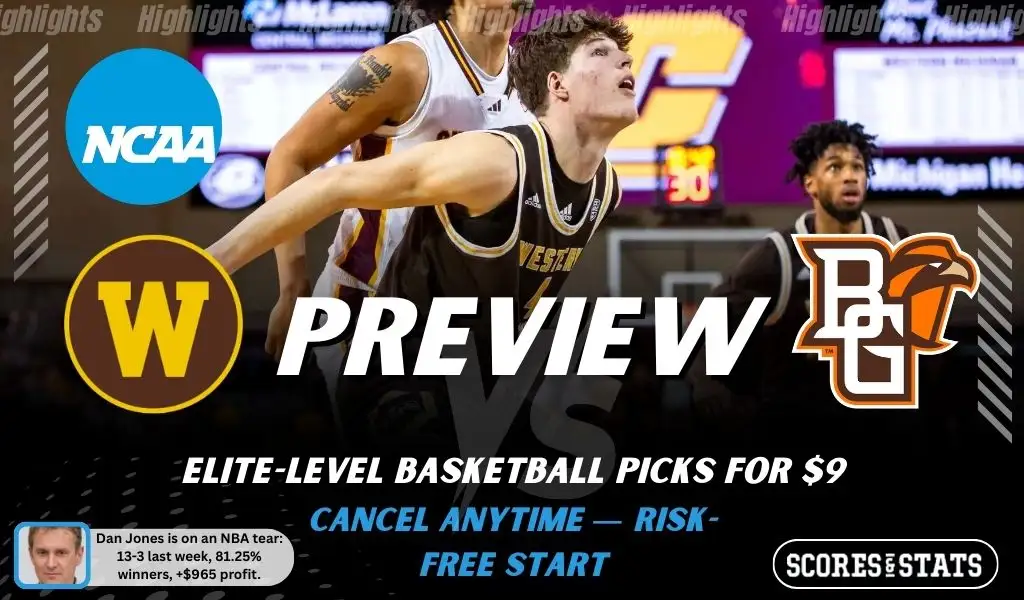 NCAAB preview graphic for Western Michigan Broncos vs Bowling Green Falcons with both team logos, a matchup-themed background image, and the ScoresandStats logo.