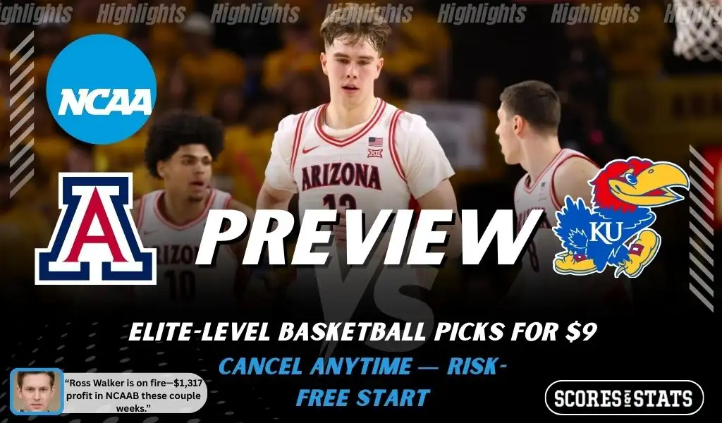 Arizona Wildcats vs. Kansas Jayhawks game preview graphic featuring both team logos, an Arizona basketball action background, and a ScoresAndStats “Preview” stats badge (February 9, 2026).