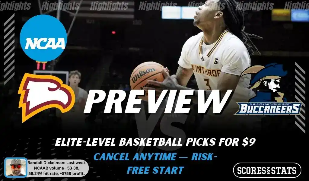 NCAAB preview graphic for Winthrop Eagles vs Charleston Southern Buccaneers with both team logos, a matchup-themed background image, and the ScoresandStats logo.