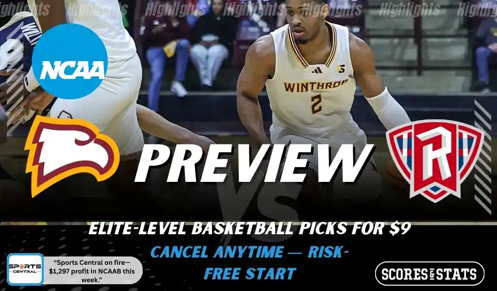 Winthrop Eagles vs Radford Highlanders preview graphic with both team logos, “Picks and Predictions” label, and Winthrop Eagles basketball action background (February 4, 2026).