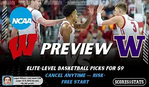 NCAAB picks and predictions preview graphic for Wisconsin Badgers vs Washington Huskies featuring both team logos, a matchup-themed background image, and the ScoresandStats logo.