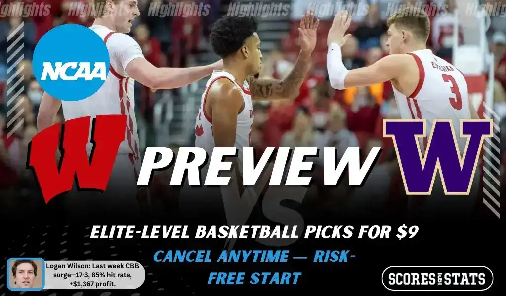 NCAAB picks and predictions preview graphic for Wisconsin Badgers vs Washington Huskies featuring both team logos, a matchup-themed background image, and the ScoresandStats logo.