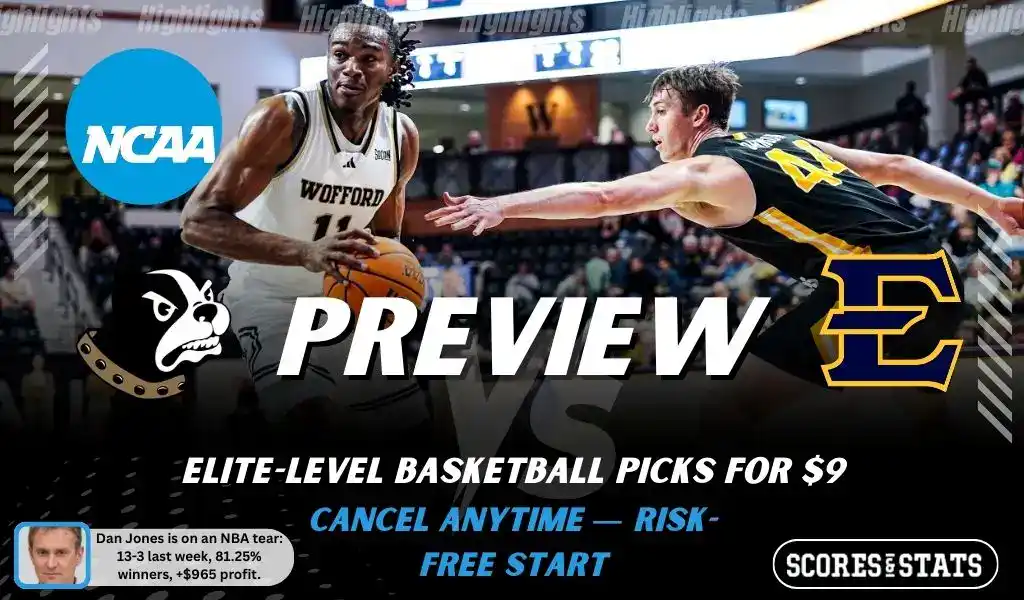NCAAB preview graphic for Wofford Terriers vs East Tennessee State Buccaneers with both team logos, a matchup-themed background image, and the ScoresandStats logo.