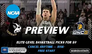 NCAAB preview graphic for Wofford Terriers vs UNCG Spartans with both team logos, a matchup-themed background image, and the ScoresandStats logo.
