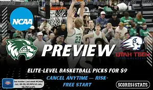 Utah Valley Wolverines vs. Utah Tech Trailblazers game preview graphic featuring both team logos, a Utah Valley basketball action background, and a ScoresAndStats “Preview” stats badge (February 12, 2026).