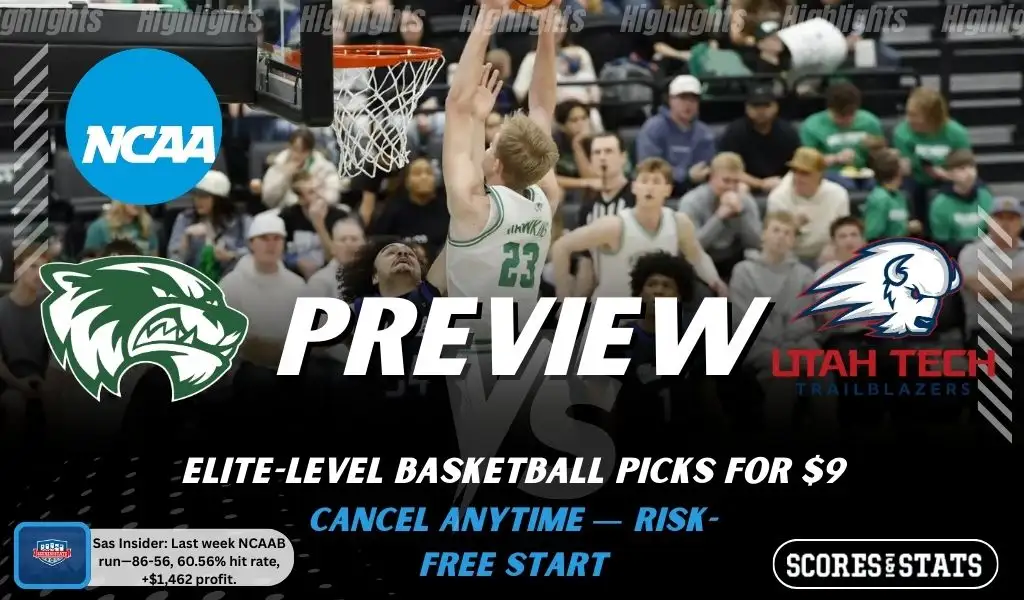 Utah Valley Wolverines vs. Utah Tech Trailblazers game preview graphic featuring both team logos, a Utah Valley basketball action background, and a ScoresAndStats “Preview” stats badge (February 12, 2026).