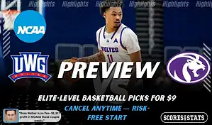 West Georgia Wolves vs. North Alabama Lions game preview graphic featuring both team logos, a West Georgia basketball action background, and a ScoresAndStats “Preview” stats badge (February 11, 2026).