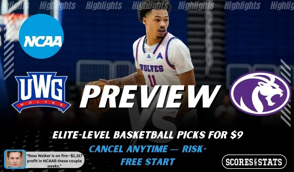 West Georgia Wolves vs. North Alabama Lions game preview graphic featuring both team logos, a West Georgia basketball action background, and a ScoresAndStats “Preview” stats badge (February 11, 2026).