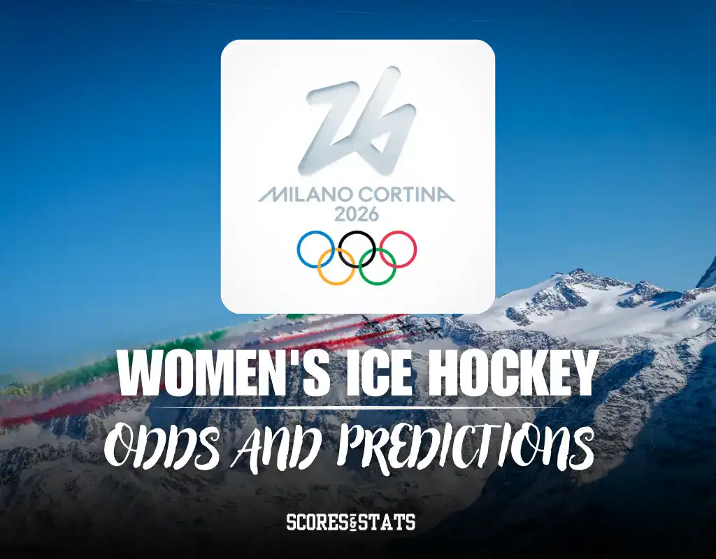 Milano Cortina 2026 logo with mountains and Italian flag colors; text highlights women's ice hockey odds and predictions.