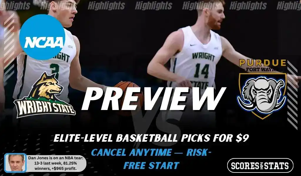 NCAAB preview graphic for Wright State Raiders vs Purdue Fort Wayne Mastodons with both team logos, a matchup-themed background image, and the ScoresandStats logo.
