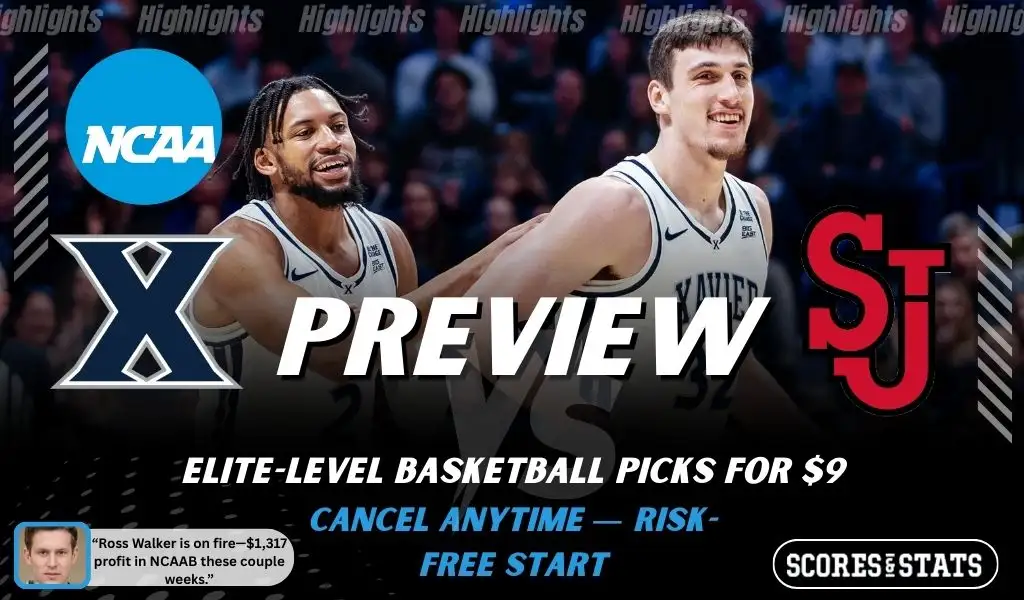 Xavier Musketeers vs. St. John’s Red Storm game preview graphic featuring both team logos, a Xavier basketball action background, and a ScoresAndStats “Preview” stats badge (February 9, 2026).