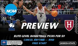 Yale Bulldogs vs Harvard Crimson game preview image with both team logos, ScoresAndStats “Preview” branding, and Yale basketball action background.
