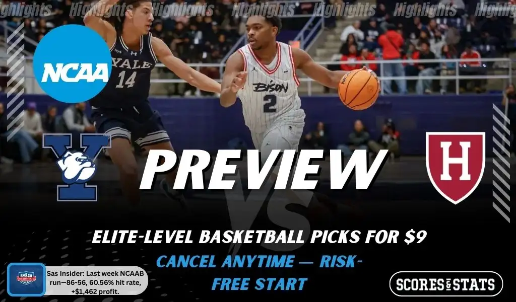 Yale Bulldogs vs Harvard Crimson game preview image with both team logos, ScoresAndStats “Preview” branding, and Yale basketball action background.