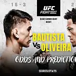 UFC Fight Night poster featuring a bantamweight bout between Bautista and Oliveira, showcasing their records and predictions.