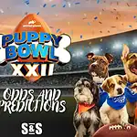 Puppy Bowl XXII promotional image featuring four adorable dogs in team bandanas, holding a football against a stadium backdrop.