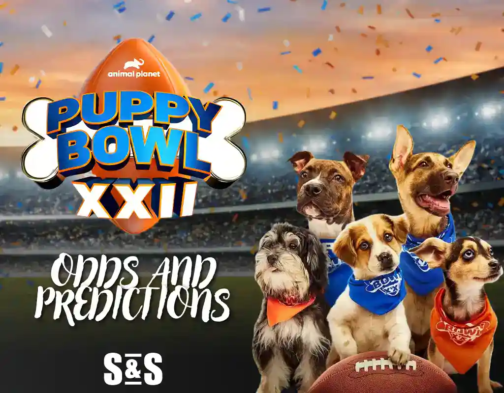 Puppy Bowl XXII promotional image featuring four adorable dogs in team bandanas, holding a football against a stadium backdrop.