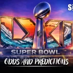 Graphic featuring the Super Bowl trophy with vibrant ocean and sunset background, labeled "Super Bowl Odds and Predictions."