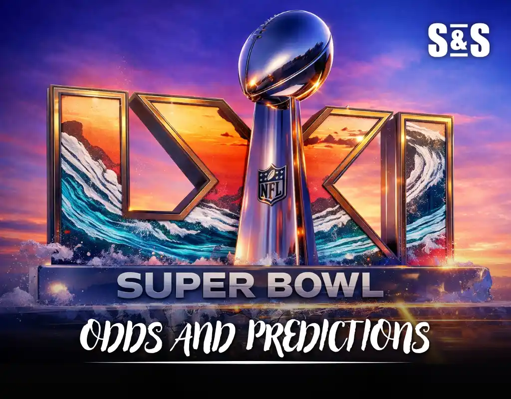 Graphic featuring the Super Bowl trophy with vibrant ocean and sunset background, labeled "Super Bowl Odds and Predictions."