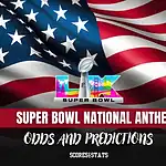 Graphic featuring the Super Bowl logo and U.S. flag, with text about national anthem odds and predictions for the event.