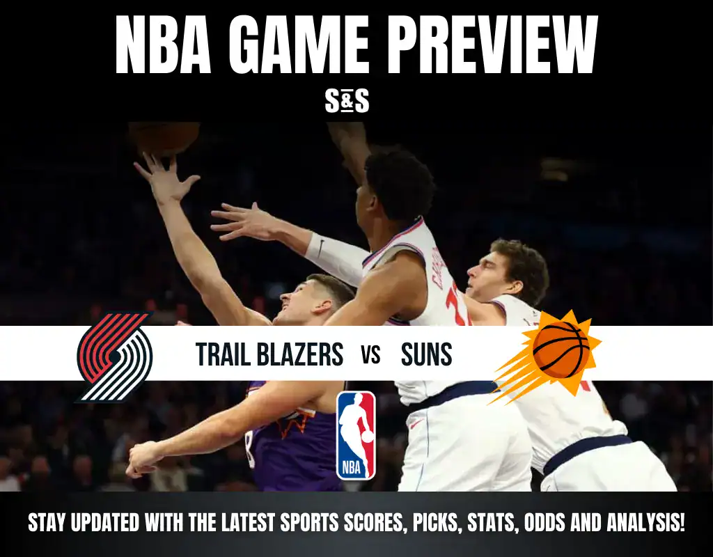 NBA game preview featuring the Trail Blazers vs. Suns, highlighting player action and game details in a dynamic basketball setting.