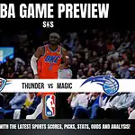 NBA game preview featuring the Oklahoma City Thunder vs. Orlando Magic, with a player in action and fans in the background.