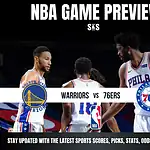 NBA Game Preview featuring the Golden State Warriors vs. Philadelphia 76ers, with team logos and a call to stay updated on sports news.