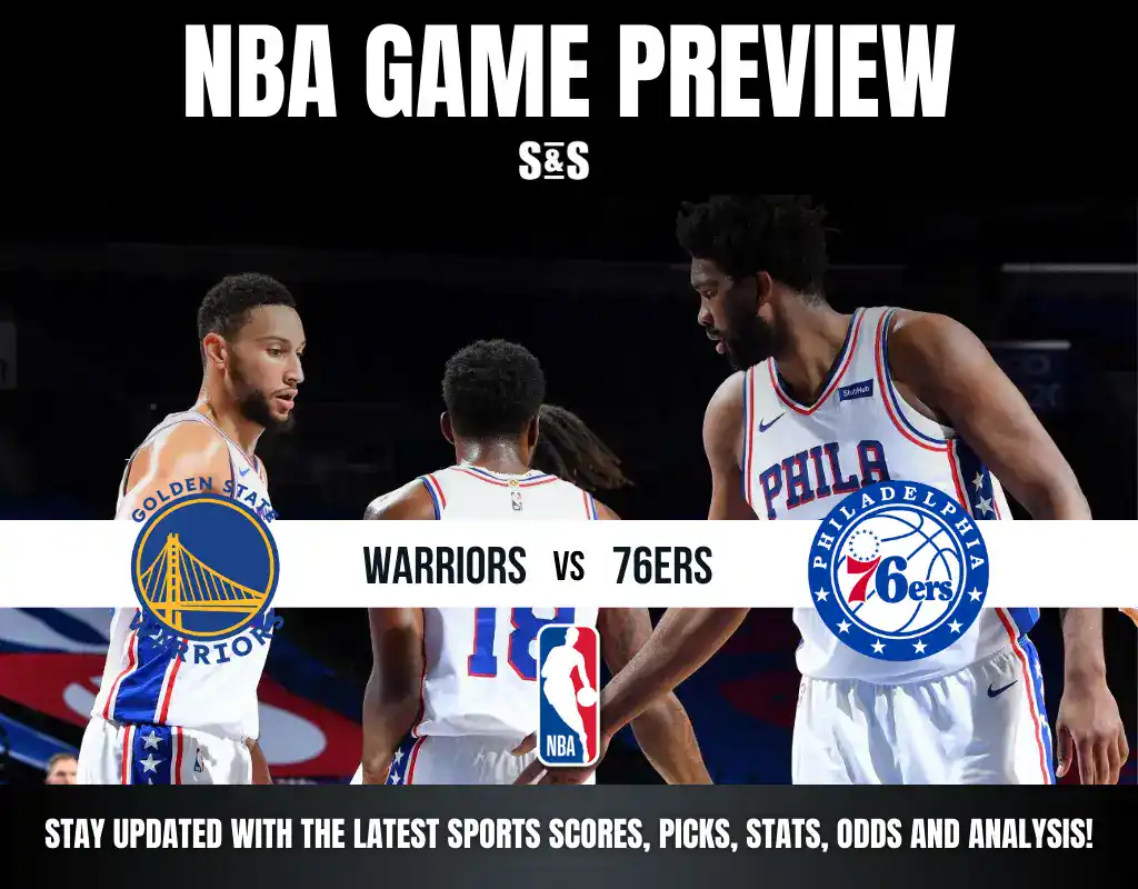NBA Game Preview featuring the Golden State Warriors vs. Philadelphia 76ers, with team logos and a call to stay updated on sports news.
