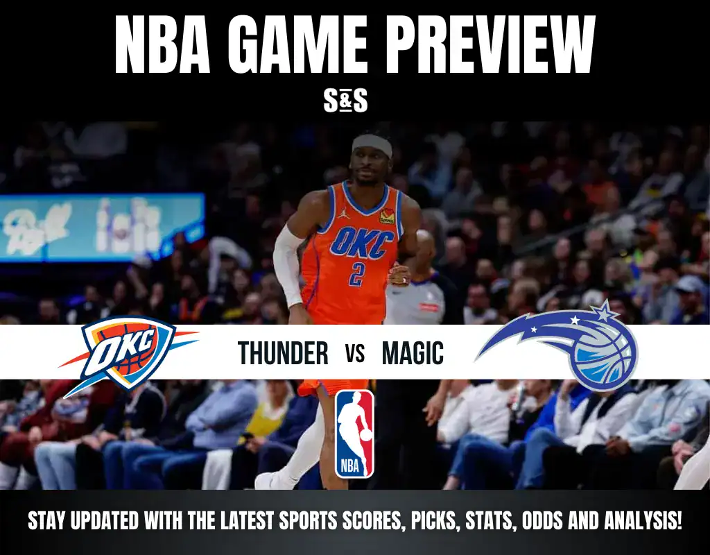 NBA game preview featuring the Oklahoma City Thunder vs. Orlando Magic, with a player in action and fans in the background.