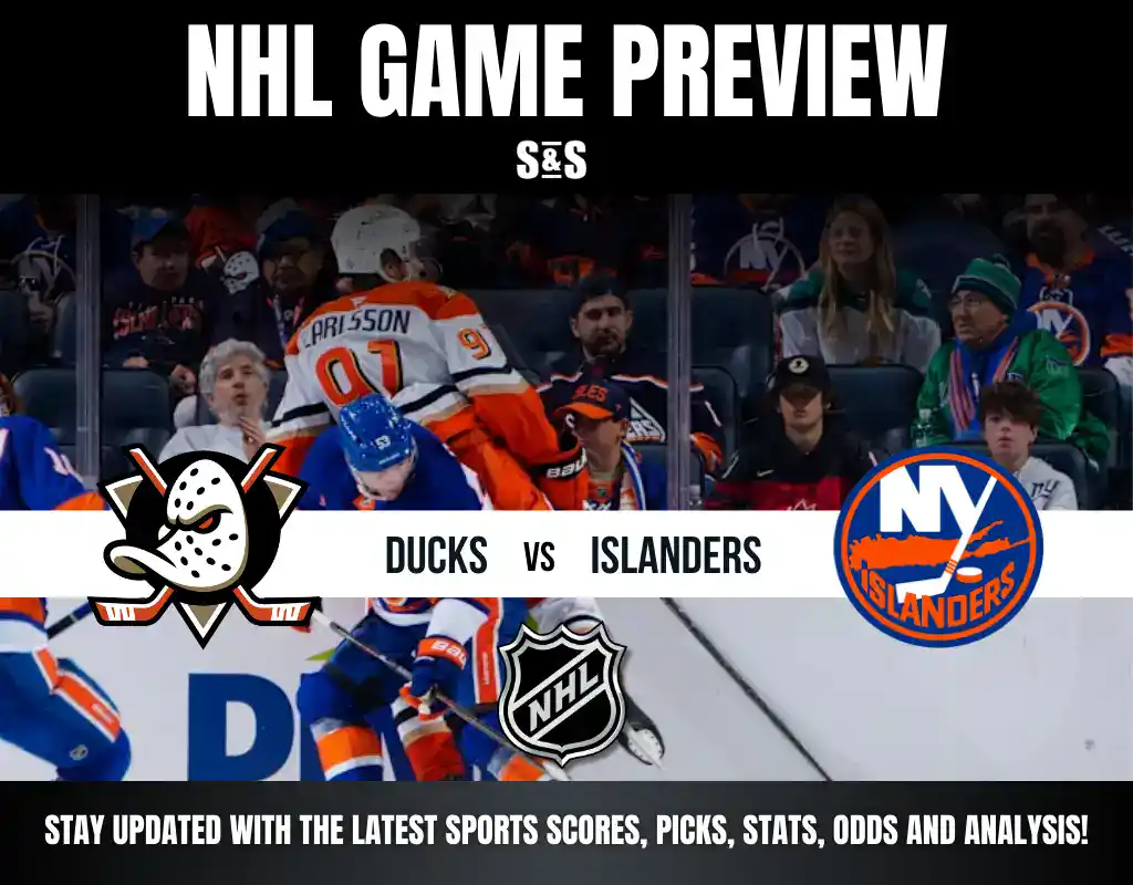 NHL Game Preview featuring Ducks vs Islanders, with a graphic showing players and logos from both teams.