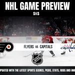 NHL Game Preview featuring Flyers vs Capitals. A player in a red jersey is on the ice with a puck, while another player in orange is nearby. The teams' logos are displayed at the bottom, along with a prompt to stay updated with sports scores, picks, stats, odds, and analysis.