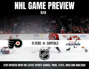 NHL Game Preview featuring Flyers vs Capitals. A player in a red jersey is on the ice with a puck, while another player in orange is nearby. The teams' logos are displayed at the bottom, along with a prompt to stay updated with sports scores, picks, stats, odds, and analysis.