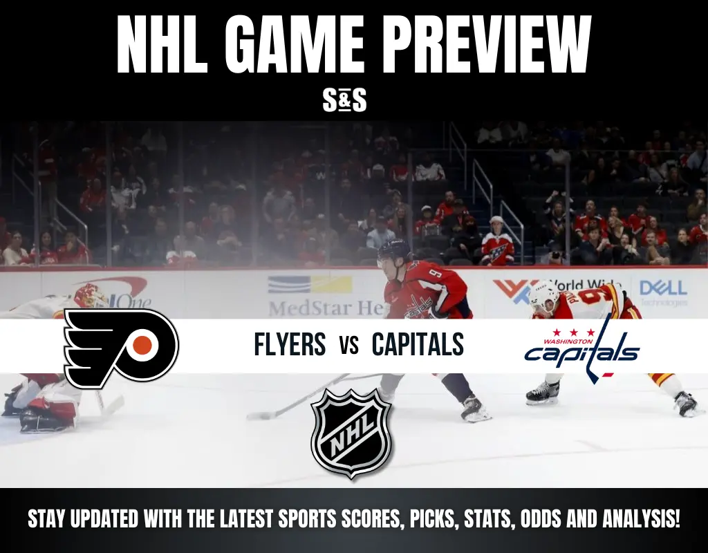 NHL Game Preview featuring Flyers vs Capitals. A player in a red jersey is on the ice with a puck, while another player in orange is nearby. The teams' logos are displayed at the bottom, along with a prompt to stay updated with sports scores, picks, stats, odds, and analysis.