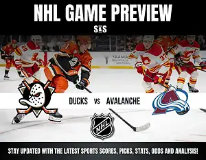 NHL Game Preview featuring the Ducks vs Avalanche, with a logo of the NHL and text about staying updated with the latest sports scores, picks, stats, odds, and analysis.
