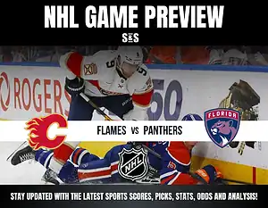 NHL game preview featuring the Calgary Flames vs Florida Panthers with players in action on the ice and logos displayed.