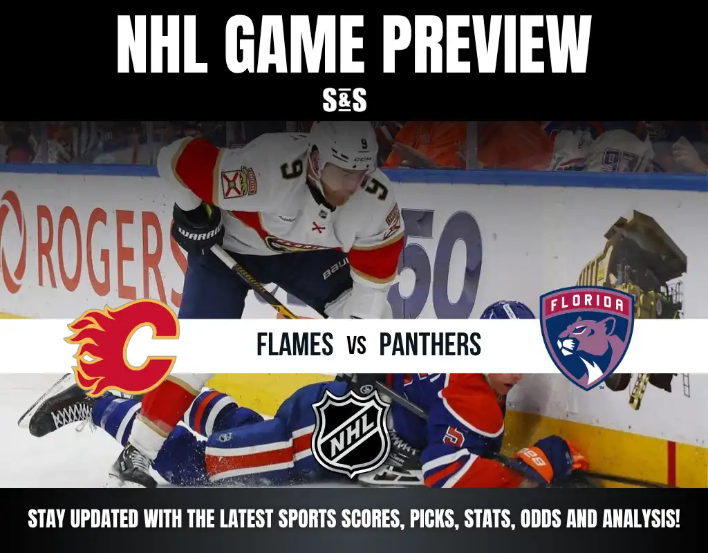NHL game preview featuring the Calgary Flames vs Florida Panthers with players in action on the ice and logos displayed.