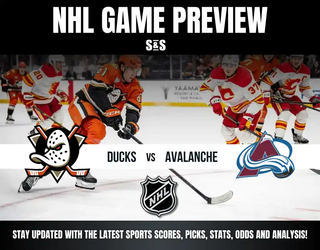 NHL Game Preview featuring the Ducks vs Avalanche, with a logo of the NHL and text about staying updated with the latest sports scores, picks, stats, odds, and analysis.