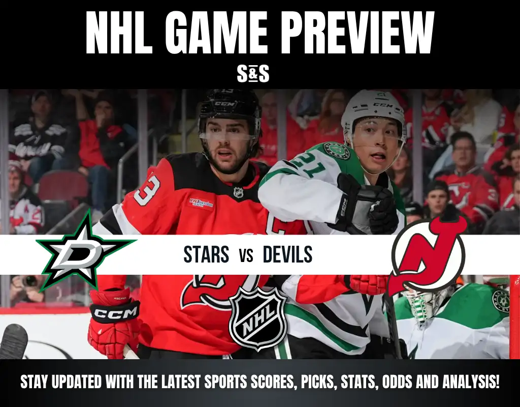 NHL game preview graphic featuring Dallas Stars vs New Jersey Devils with players battling on the ice and team logos displayed.