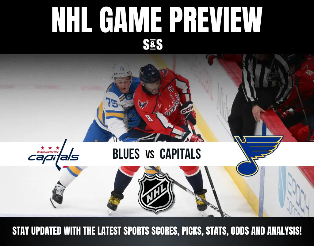 NHL game preview featuring the St. Louis Blues versus the Washington Capitals with logos and on-ice action.