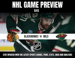 NHL game preview featuring Blackhawks vs Wild, with a player in action and promotional text for sports scores, picks, stats, odds, and analysis.
