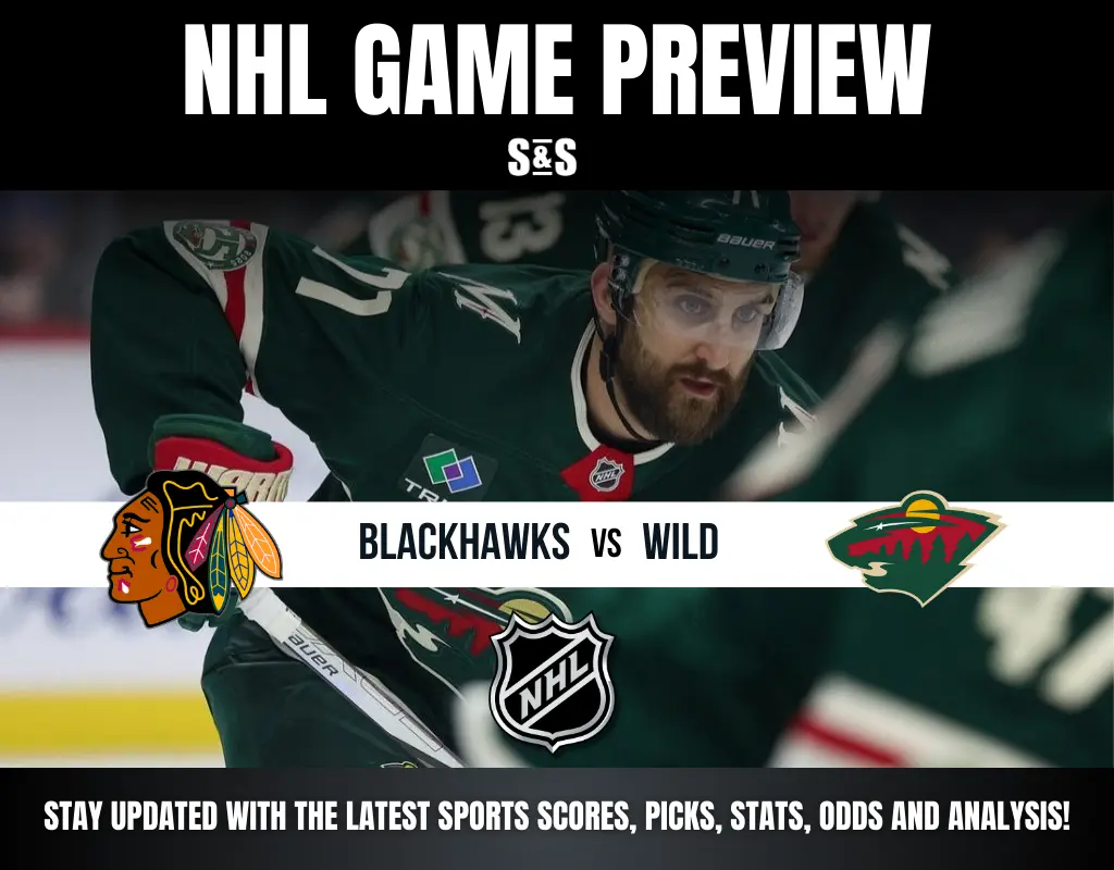 NHL game preview featuring Blackhawks vs Wild, with a player in action and promotional text for sports scores, picks, stats, odds, and analysis.