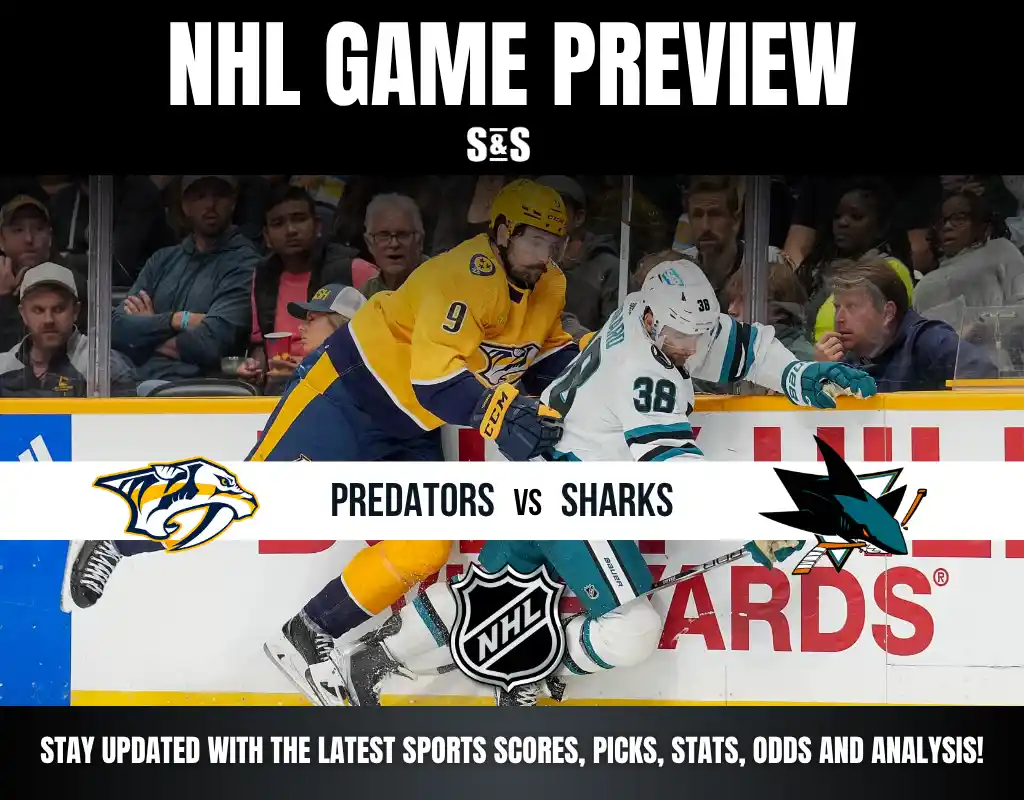 NHL game preview featuring Nashville Predators vs San Jose Sharks with players in action near the rink boards.