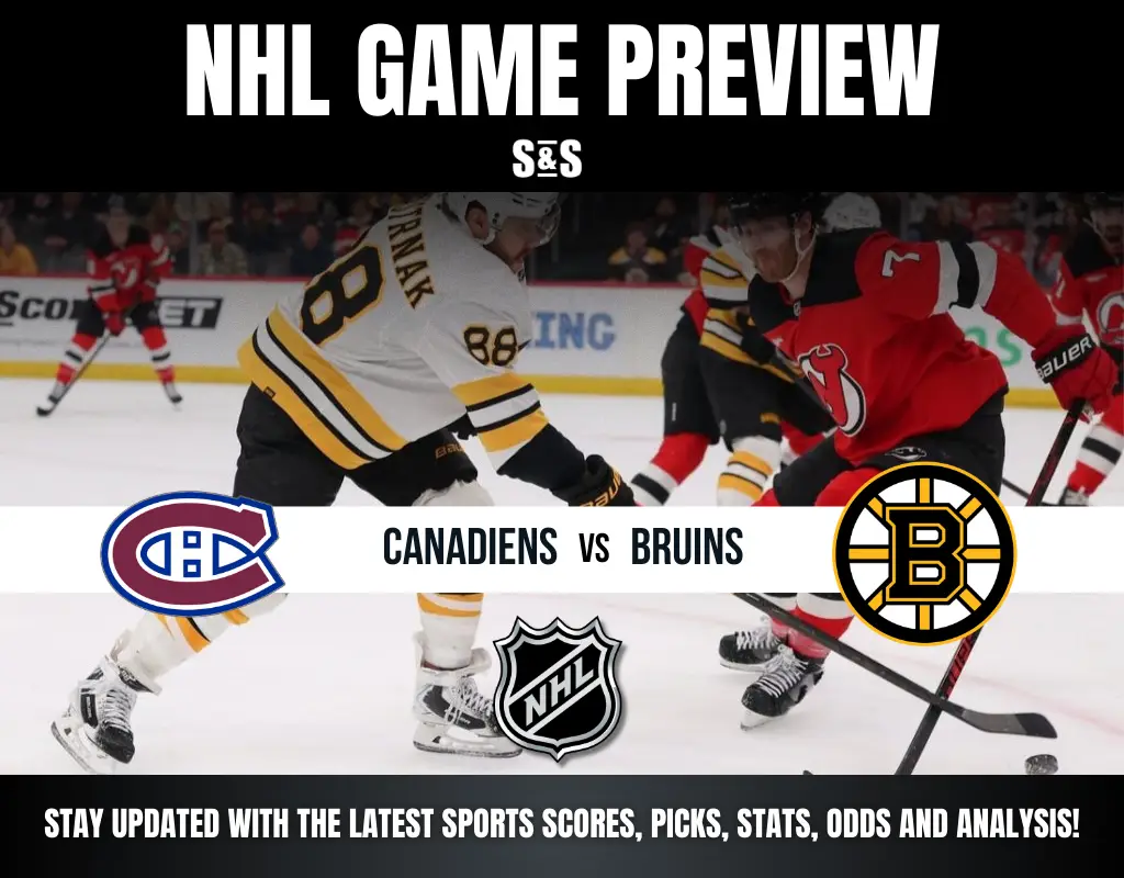 NHL game preview graphic featuring the matchup between Canadiens and Bruins, with a focus on staying updated with sports scores, picks, stats, odds, and analysis.