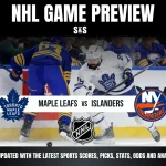 NHL Game Preview featuring a matchup between the Toronto Maple Leafs and the New York Islanders, with logos displayed and text instructing viewers to stay updated with sports scores, picks, stats, odds, and analysis.