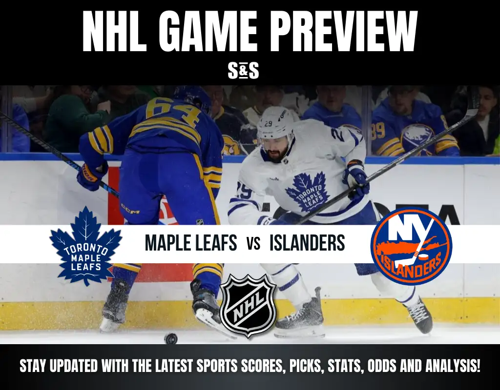 NHL Game Preview featuring a matchup between the Toronto Maple Leafs and the New York Islanders, with logos displayed and text instructing viewers to stay updated with sports scores, picks, stats, odds, and analysis.